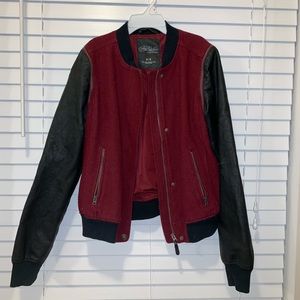 **Maroon/faux leather bomber jacket**
